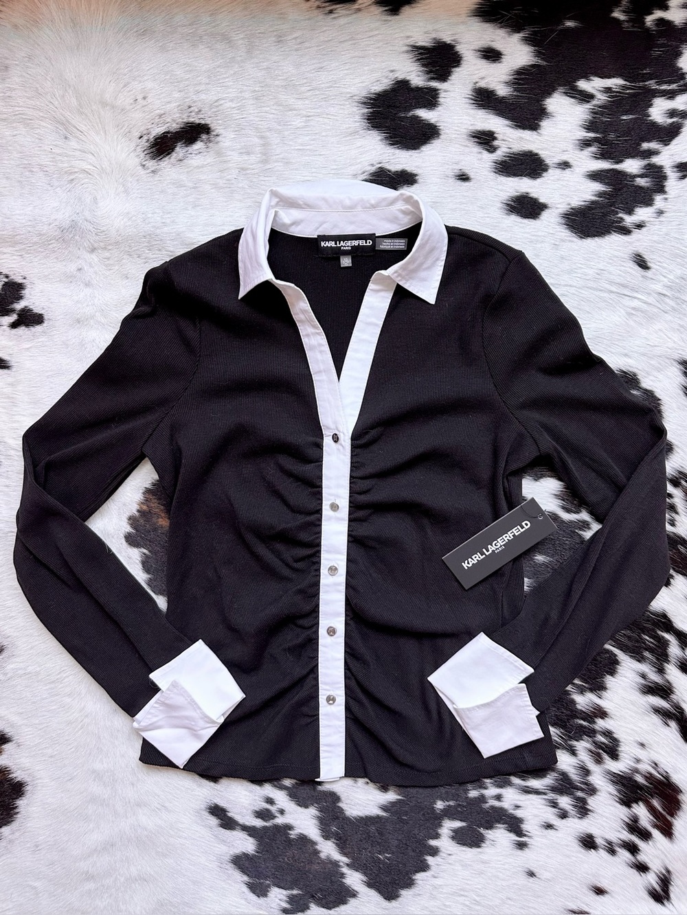Karl Lagerfeld Black and White Contrast-Collar Button Down Shirt